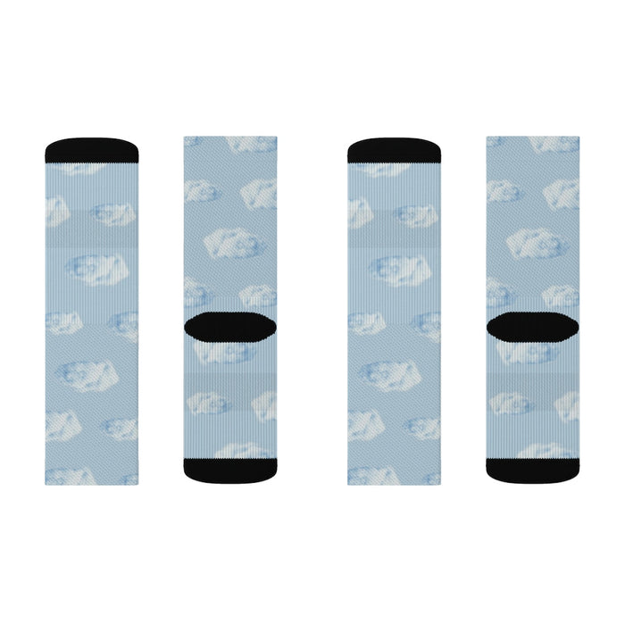 Realistic Cloud Walking Fun Socks: light blue, white white animal-like silhouettes, minimal patterned style