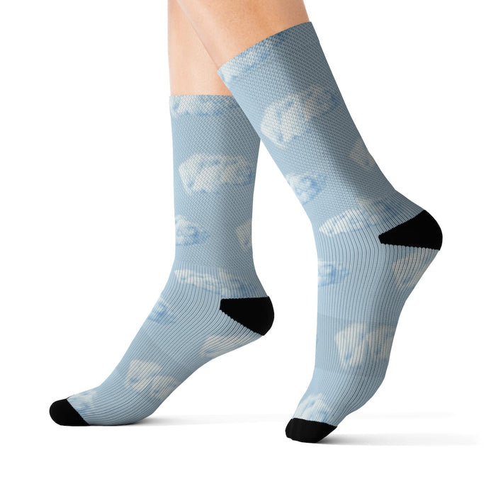 Realistic Cloud Walking Fun Socks: light blue, white white animal-like silhouettes, minimal patterned style