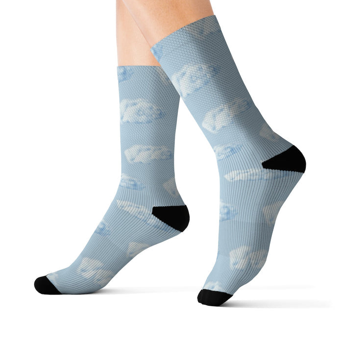 Realistic Cloud Walking Fun Socks: light blue, white white animal-like silhouettes, minimal patterned style