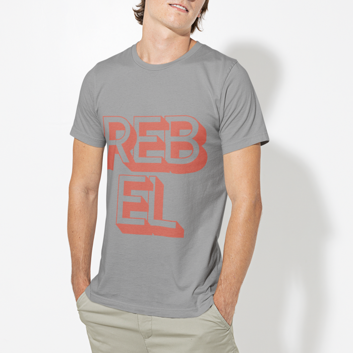 Rebel Logo Tee for Men: white, red text design, casual graphic style