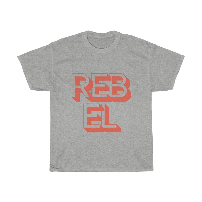 Rebel Logo Tee for Men: white, red text design, casual graphic style