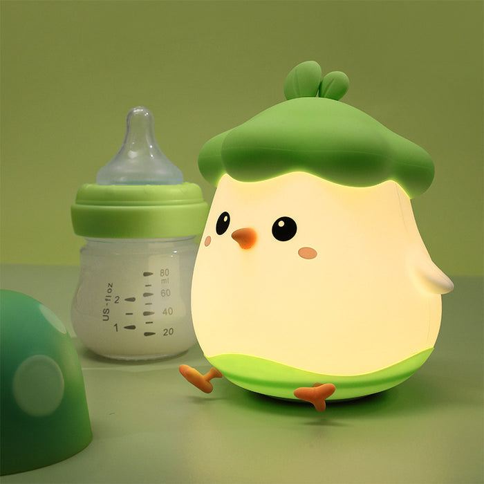 Rechargeable Chick Night Light with Timer: cream white, bright green cartoon vegetable-like characters, kawaii cartoon style