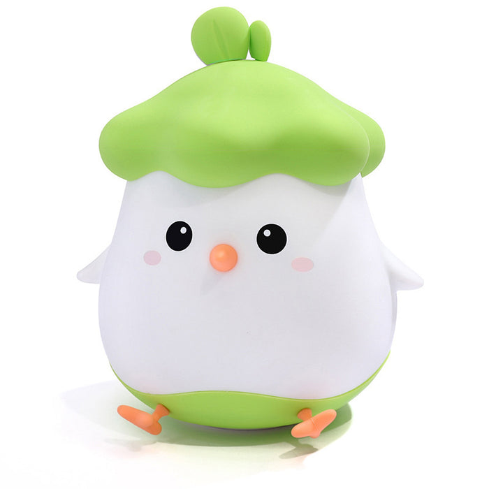 Rechargeable Chick Night Light with Timer: cream white, bright green cartoon vegetable-like characters, kawaii cartoon style