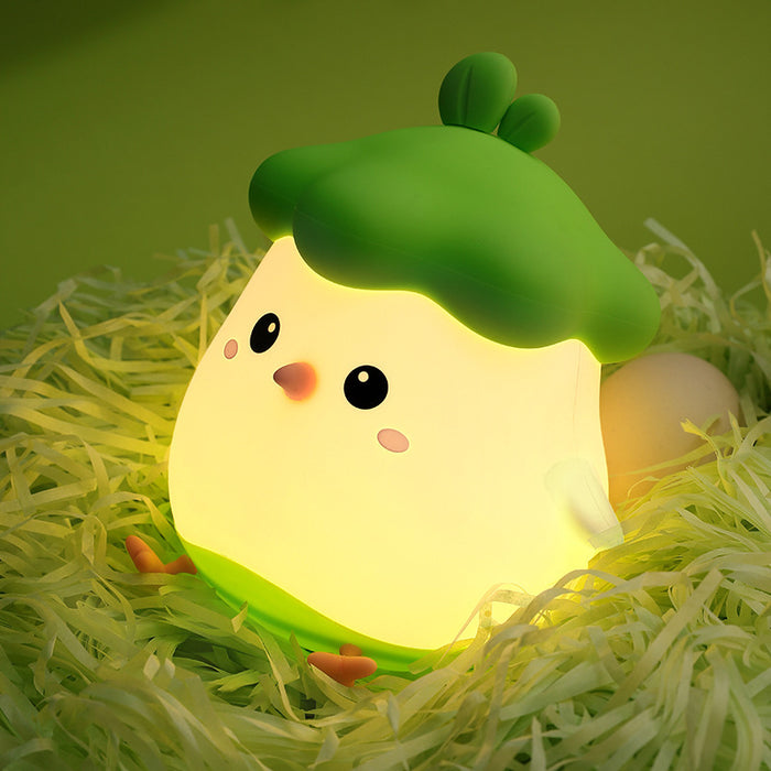 Rechargeable Chick Night Light with Timer: cream white, bright green cartoon vegetable-like characters, kawaii cartoon style
