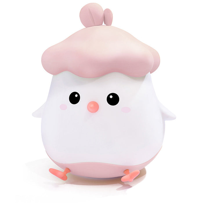 Rechargeable Chick Night Light with Timer: cream white, bright green cartoon vegetable-like characters, kawaii cartoon style