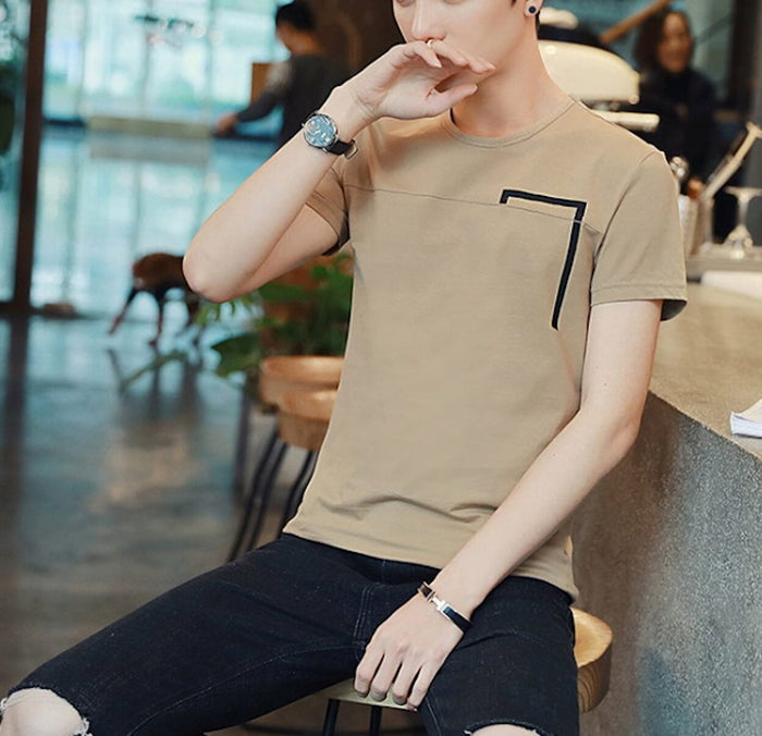 Rectangular Men's Concealed T-Shirt: beige/tan, black short-sleeve T-shirt, minimal casual style