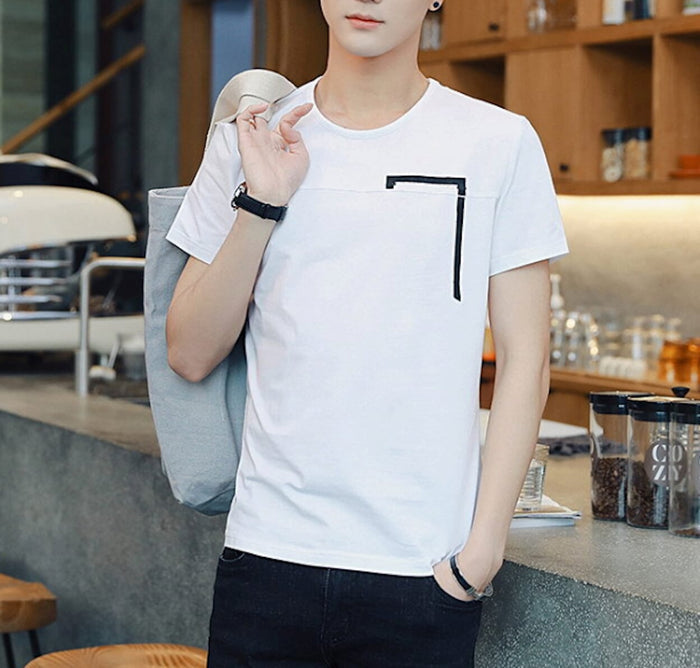 Rectangular Men's Concealed T-Shirt: beige/tan, black short-sleeve T-shirt, minimal casual style