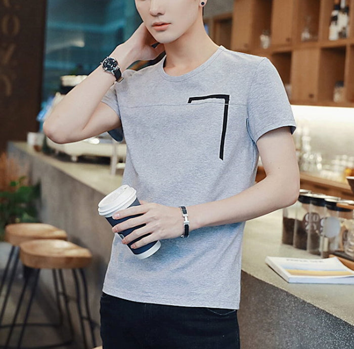 Rectangular Men's Concealed T-Shirt: beige/tan, black short-sleeve T-shirt, minimal casual style