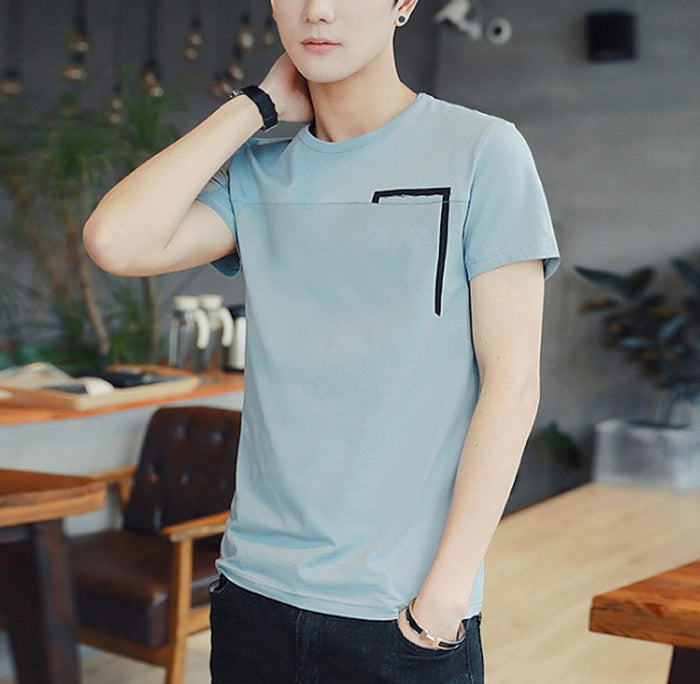 Rectangular Men's Concealed T-Shirt: beige/tan, black short-sleeve T-shirt, minimal casual style