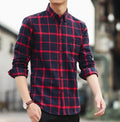 Red Checkered Cotton Shirt with Long Sleeves for Men: dark navy blue, red long-sleeve button-up shirt, casual style