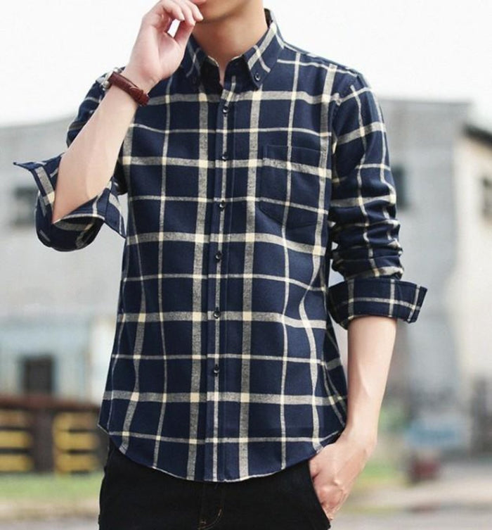 Red Checkered Cotton Shirt with Long Sleeves for Men: dark navy blue, red long-sleeve button-up shirt, casual style