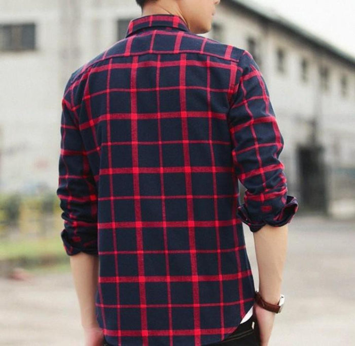 Red Checkered Cotton Shirt with Long Sleeves for Men: dark navy blue, red long-sleeve button-up shirt, casual style