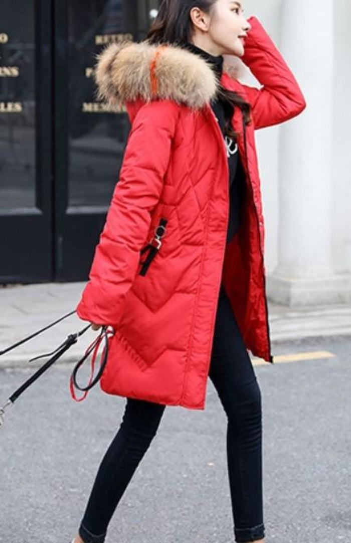 Red Faux Fur Hooded Women's Casual Puffer Jacket: red, beige hooded puffer coat, casual winter outerwear style