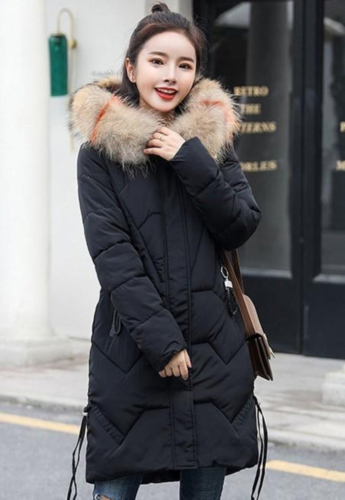 Red Faux Fur Hooded Women's Casual Puffer Jacket: red, beige hooded puffer coat, casual winter outerwear style