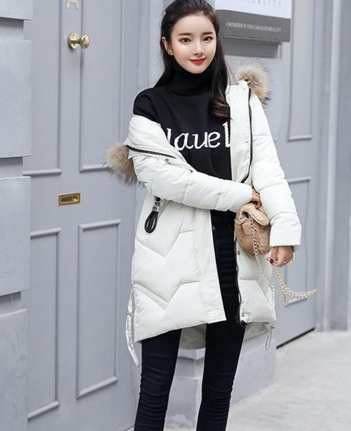 Red Faux Fur Hooded Women's Casual Puffer Jacket: red, beige hooded puffer coat, casual winter outerwear style