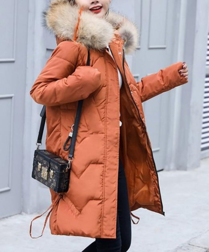 Red Faux Fur Hooded Women's Casual Puffer Jacket: red, beige hooded puffer coat, casual winter outerwear style