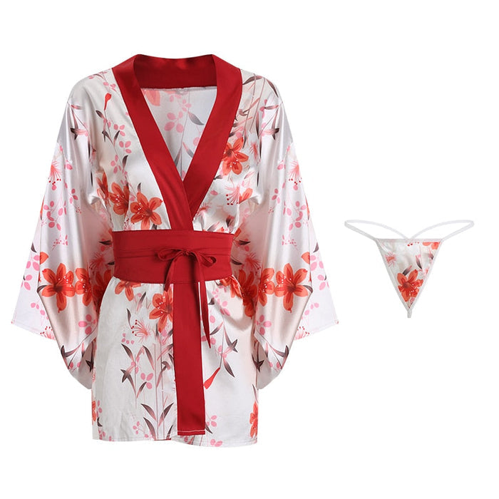 Red Floral Kimono Cosplay Robe: ivory, red floral robe with matching belt, feminine floral kimono-inspired style