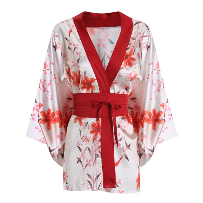 Red Floral Kimono Cosplay Robe: ivory, red floral robe with matching belt, feminine floral kimono-inspired style