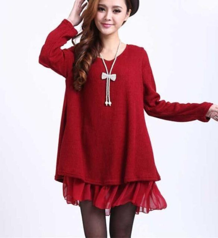 Red Frill-Trimmed Layered Tunic Dress for Women: deep red, black long-sleeve tunic dress/top, feminine casual style