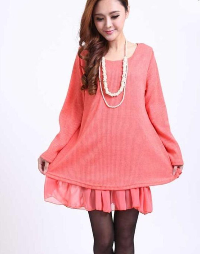 Red Frill-Trimmed Layered Tunic Dress for Women: deep red, black long-sleeve tunic dress/top, feminine casual style