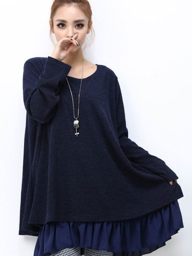 Red Frill-Trimmed Layered Tunic Dress for Women: deep red, black long-sleeve tunic dress/top, feminine casual style