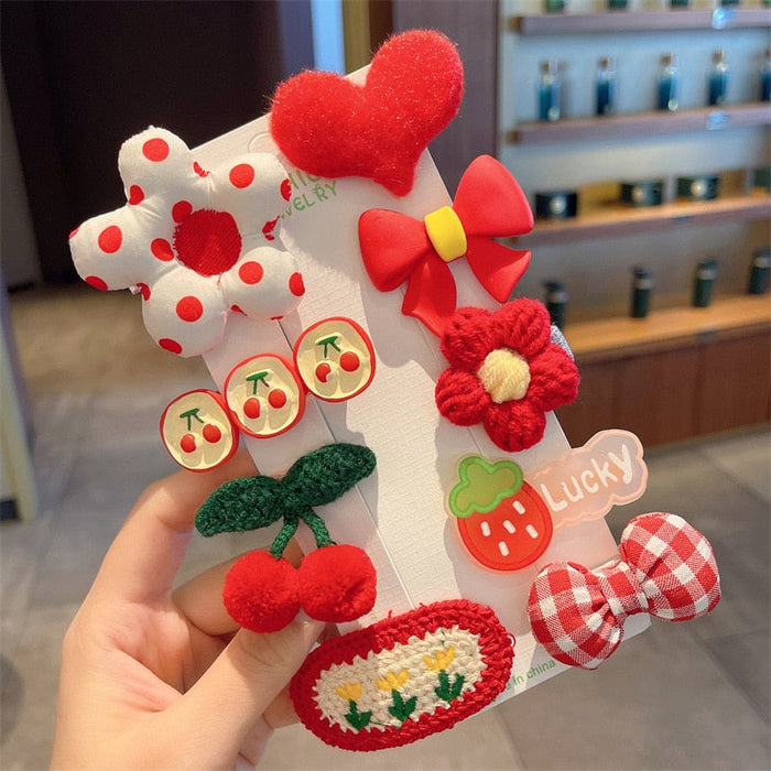 Red Hair Clip and Pin Set: white, red cherry and strawberry theme, cute kawaii cartoon style