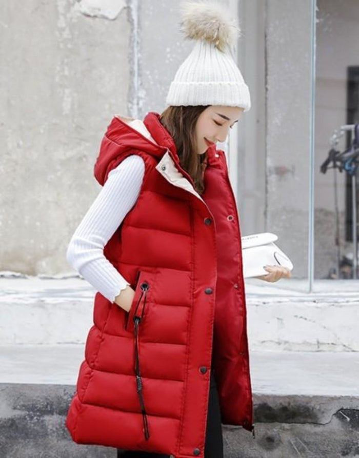 Red High Collar Hooded Puffer Winter Vest for Women: red, black hooded puffer vest, casual winter outerwear style