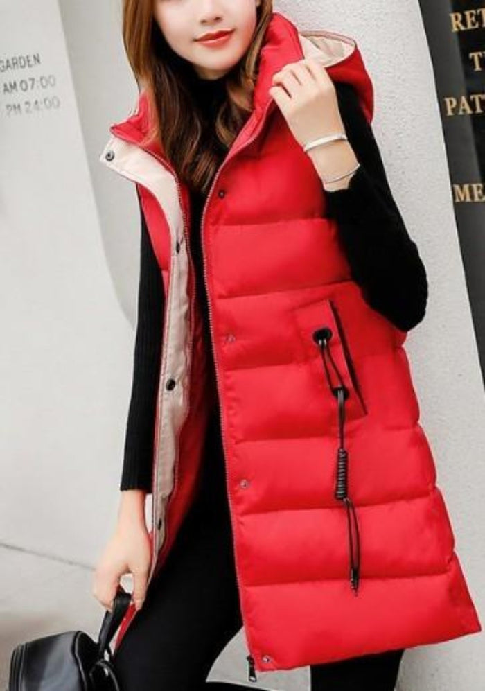 Red High Collar Hooded Puffer Winter Vest for Women: red, black hooded puffer vest, casual winter outerwear style