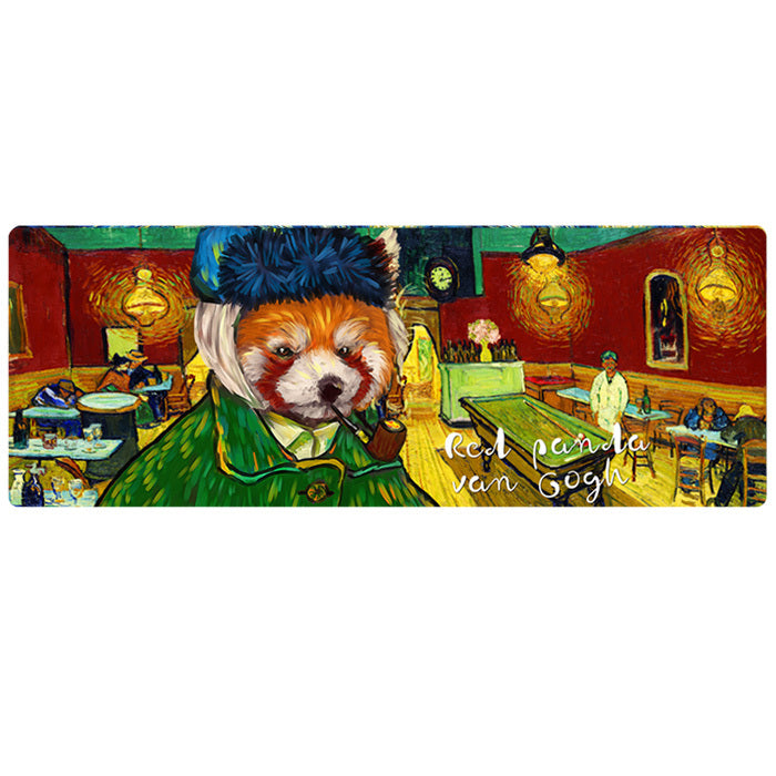 Red Panda Mouse Pad with Art: red, green red panda character in a Van Gogh-inspired cafe scene, cartoon, painterly, Van Gogh-
