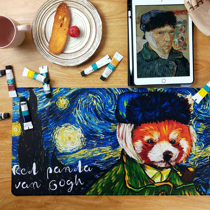 Red Panda Mouse Pad with Art: red, green red panda character in a Van Gogh-inspired cafe scene, cartoon, painterly, Van Gogh-