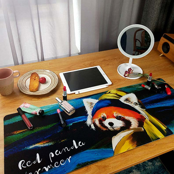 Red Panda Mouse Pad with Art: red, green red panda character in a Van Gogh-inspired cafe scene, cartoon, painterly, Van Gogh-