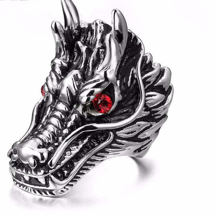 Red Stone Dragon Head Ring: silver, black dragon, fantasy gothic style