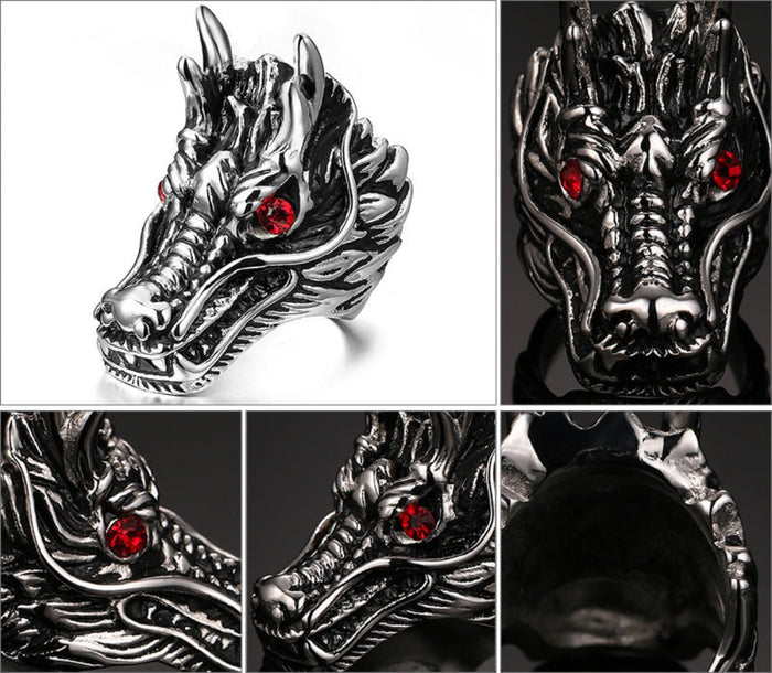Red Stone Dragon Head Ring: silver, black dragon, fantasy gothic style