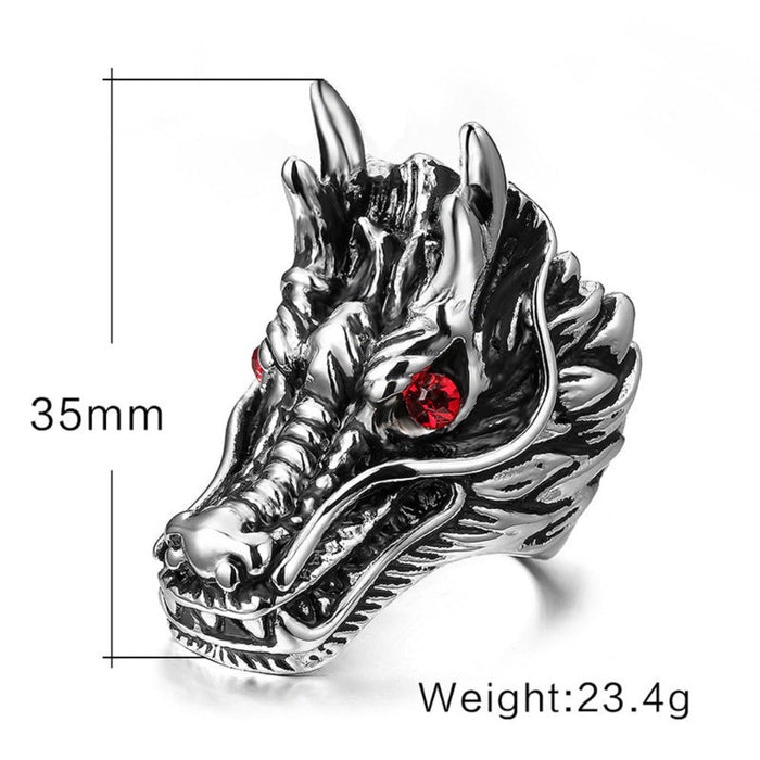 Red Stone Dragon Head Ring: silver, black dragon, fantasy gothic style