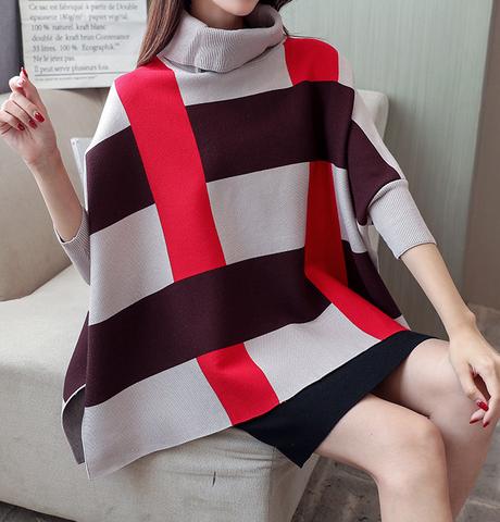 Red Striped Women's Checkered Sweater Cape: light gray, dark burgundy women's oversized turtleneck poncho sweater, modern col