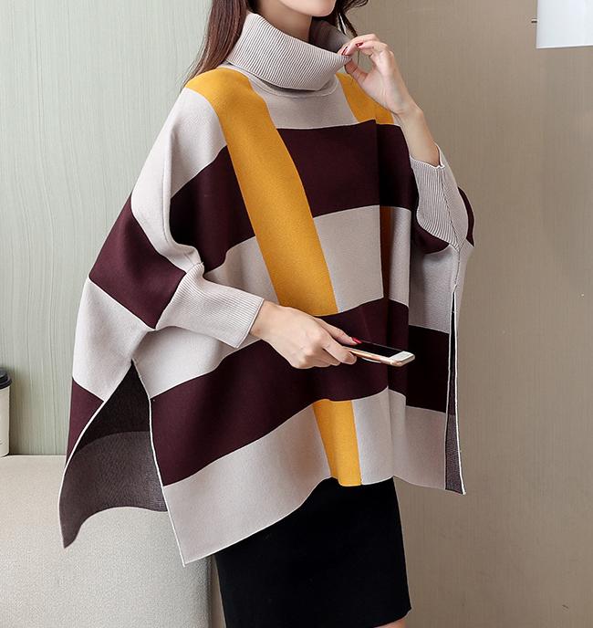 Red Striped Women's Checkered Sweater Cape: light gray, dark burgundy women's oversized turtleneck poncho sweater, modern col