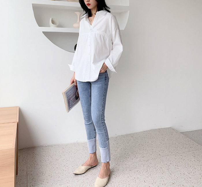 Relaxed Fit Longline Women's Blouse: white, light blue outfit photo, minimal casual style