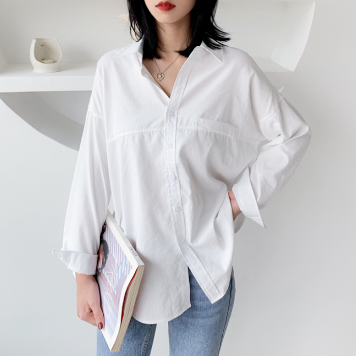 Relaxed Fit Longline Women's Blouse: white, light blue outfit photo, minimal casual style