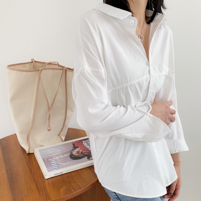 Relaxed Fit Longline Women's Blouse: white, light blue outfit photo, minimal casual style