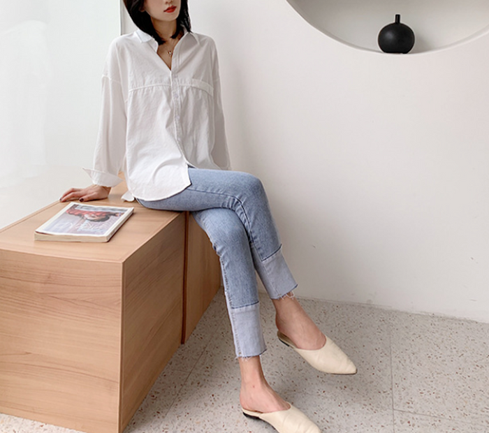 Relaxed Fit Longline Women's Blouse: white, light blue outfit photo, minimal casual style
