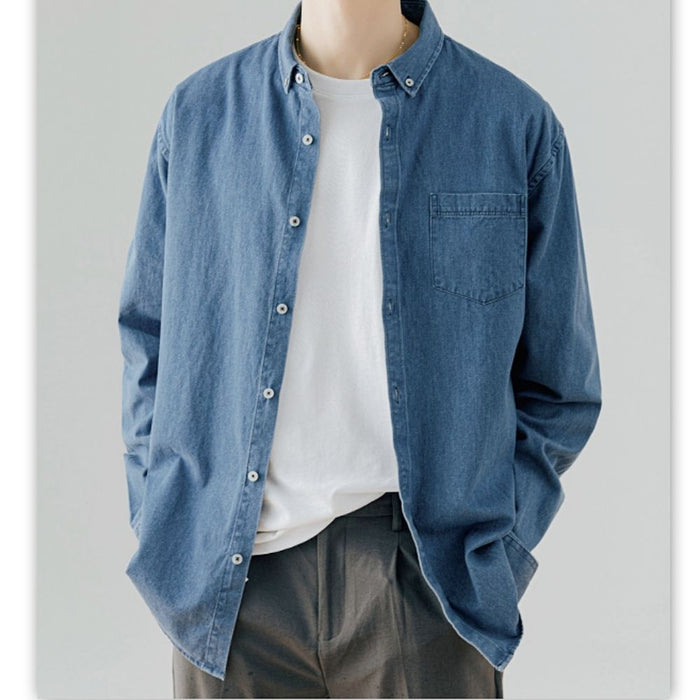 Relaxed Fit Men's Denim Top: blue, white button-up shirt, minimal casual style