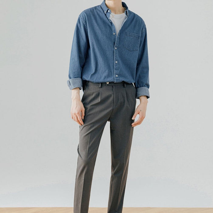 Relaxed Fit Men's Denim Top: blue, white button-up shirt, minimal casual style