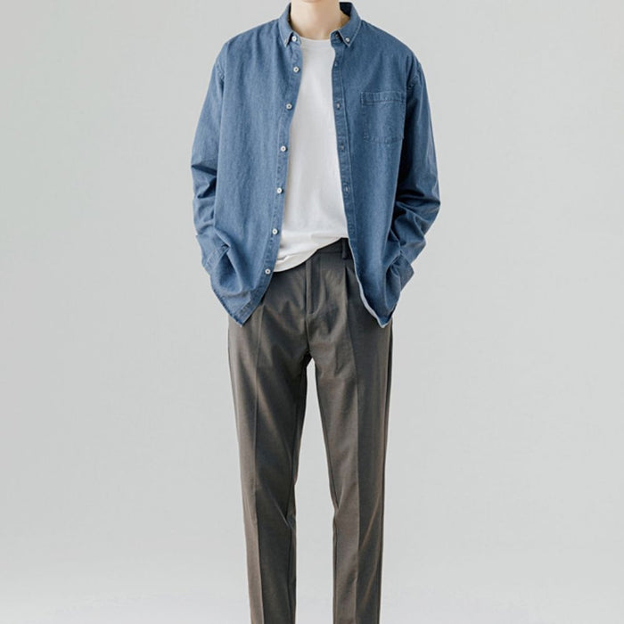 Relaxed Fit Men's Denim Top: blue, white button-up shirt, minimal casual style