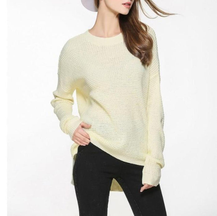 Relaxed Fit Sweater with Round Neckline for Women: pale cream, off-white sweater, minimal casual style