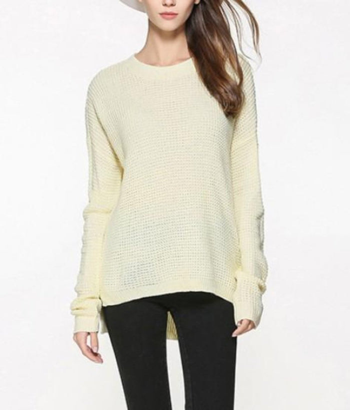 Relaxed Fit Sweater with Round Neckline for Women: pale cream, off-white sweater, minimal casual style