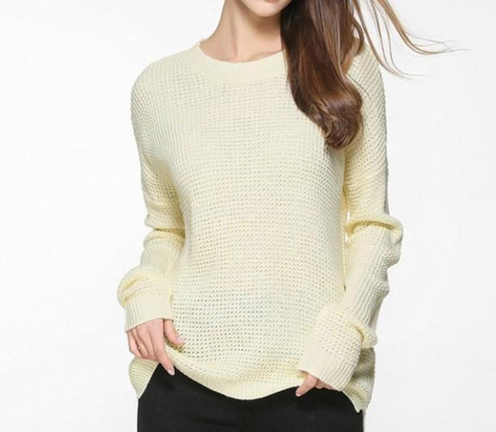 Relaxed Fit Sweater with Round Neckline for Women: pale cream, off-white sweater, minimal casual style