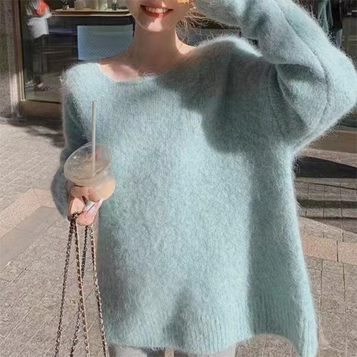 Relaxed Fit Women's Knitted Pullover: light blue, pale aqua sweater, minimal style