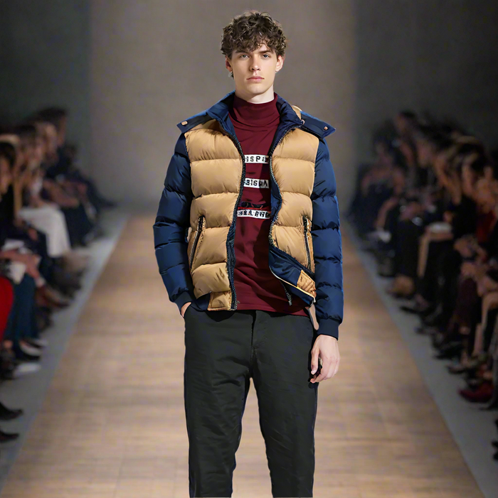 Removable Hooded Men's Two-Toned Quilted Jacket: navy blue, tan puffer jacket, sporty casual style