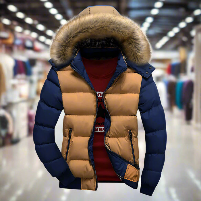 Removable Hooded Men's Two-Toned Quilted Jacket: navy blue, tan puffer jacket, sporty casual style