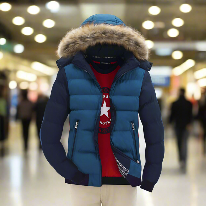 Removable Hooded Men's Two-Toned Quilted Jacket: navy blue, tan puffer jacket, sporty casual style